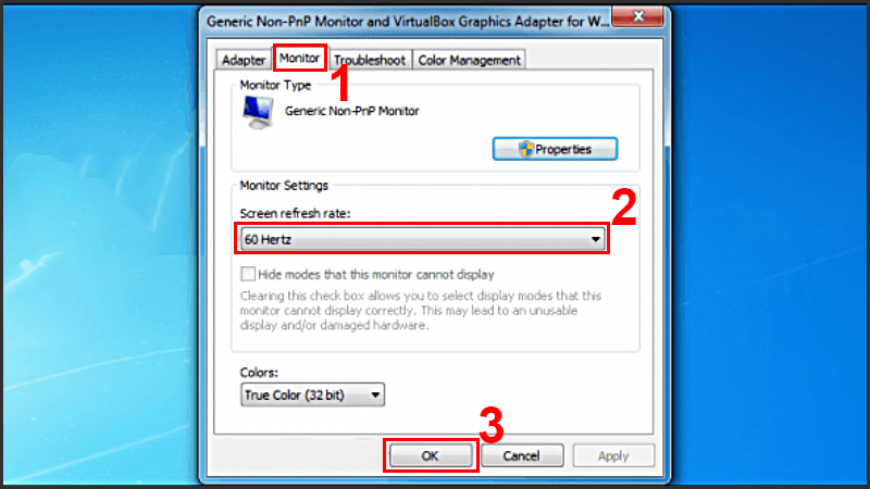 Chọn tab Monitor, chọn tần số qu&eacute;t trong mục Screen refresh rate v&agrave; nhấn OK để ho&agrave;n tất